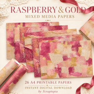Op de afbeelding: Een collectie van 26 A4-printbare papieren getiteld RASPBERRY & GOLD MIXED MEDIA PAPERS. De papieren bevatten een collage van roze, magenta en gouden texturen, waaronder handschrift, bloemmotieven en rasterontwerpen, met twee opgerolde voorbeelden.