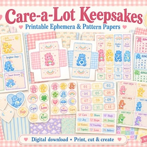 May include: A 33-page A4 PDF digital download titled Care-a-Lot Keepsakes featuring printable ephemera and pattern papers. The collection includes Care Bears themed cards, bingo sheets, guest checks, stickers, and gift box templates.