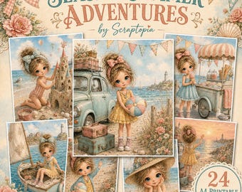May include: A collection of digital art pages titled SEASIDE SUMMER ADVENTURES by Scraptopia, featuring illustrations of a young person with large eyes in various beach settings, including a sandcastle, a vintage car, and a sailboat.