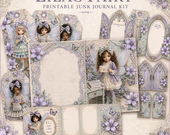 May include: A Lilac Fairy printable junk journal kit featuring A4 pages, patterns, and ephemera. The collection includes illustrations of fairies with wings, floral motifs, ornate frames, and decorative doors in shades of purple and cream.
