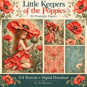 May include: A digital collection titled Little Keepers of the Poppies featuring 25 printable papers. The imagery displays a fairy-like figure in a red petal dress among poppies, alongside floral patterns and textured blue backgrounds in a 3:4 format.