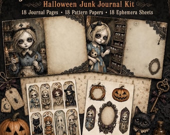 May include: A Halloween junk journal kit titled The House of Unloved Things, featuring 18 journal pages, 18 pattern papers, and 18 ephemera sheets. The kit includes illustrations of children, pumpkins, a black cat, and vintage-style frames.