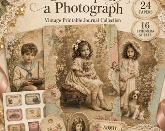 May include: A vintage printable journal collection titled Once Upon a Photograph, featuring 24 papers and 16 ephemera sheets. The collection displays sepia-toned imagery of children, a kitten, a dog, floral patterns, lace, and various ticket stubs.