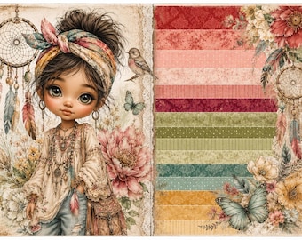 May include: A digital illustration featuring a character with a patterned headscarf, layered necklaces, and a light-coloured top. The scene includes a dreamcatcher, a bird, butterflies, and large flowers. The right side displays horizontal strips of patterned paper.