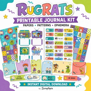 May include: A Rugrats printable journal kit featuring colourful papers, patterns, and ephemera. The set includes stickers with phrases like Best Buds and Adventure Time, character illustrations, and patterned sheets with crayons and toys.