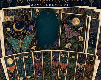 May include: A Midnight Moths junk journal kit featuring a collection of paper sheets and bookmarks with dark blue backgrounds, gold celestial accents, moon phases, and various moth illustrations. The text reads Midnight Moths Junk Journal Kit.