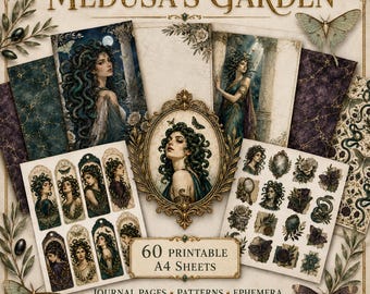 May include: A collection of Medusa's Garden printable A4 sheets featuring journal pages, patterns, and ephemera. The set includes illustrations of a woman with snake hair, ornate gold frames, butterflies, and dark marble textures with gold veins.