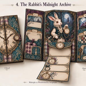 May include: A tri-fold paper craft organizer titled 4. The Rabbit's Midnight Archive. The exterior features a clock face design. The interior displays a rabbit illustration, pockets with numbered cards, a folding note section, and a tag labeled CURIOSITIES. The color palette includes teal, purple, and cream.