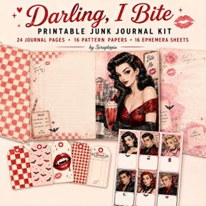 Puede incluir: Un kit de diario basura imprimible titulado Darling, I Bite de Scraptopia, que incluye 24 páginas, 16 papeles estampados y 16 hojas de efímeros. El diseño presenta patrones de cuadros rojos y blancos, ilustraciones de vampiros y motivos de diner.
