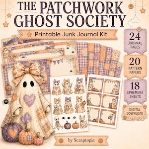 Può includere: Un kit per junk journal stampabile intitolato The Patchwork Ghost Society di Scraptopia. Il kit include 24 pagine di diario, 20 carte fantasia e 18 fogli di effimeri con illustrazioni di fantasmi, zucche, scheletri e gatti in viola e arancione.