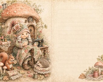 May include: A decorative stationery sheet featuring a whimsical illustration of a character sewing inside a mushroom house. The scene includes a squirrel, a hedgehog, sewing supplies, and a lined writing area on a cream-coloured background.