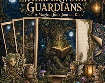 May include: A junk journal kit titled Whisperwood Guardians featuring a central image of a tree-like figure reading a book. The kit includes decorative cutouts of a forest creature, a hedgehog, a fairy, a lantern, and a rabbit on a dark background.