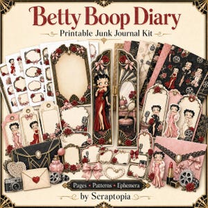 Puede incluir: Un kit de diario basura imprimible Betty Boop Diary con páginas, patrones y efímeros. La colección incluye etiquetas decorativas, sobres y tarjetas adornadas con rosas rojas, rollos de película vintage e ilustraciones de Betty Boop.