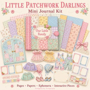Può includere: Un kit per mini diario Little Patchwork Darlings che include un album per scrapbooking con il testo Our Little Family, carte fantasia assortite, abiti fustellati, cuffiette, scarpe e cornici decorative con stampe floreali e a quadretti.