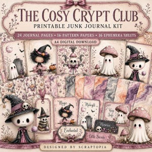 Puede incluir: Un kit de diario basura imprimible titulado The Cosy Crypt Club, que incluye 24 páginas, 16 papeles estampados y 16 hojas de efímeros. La descarga digital A4 presenta ilustraciones de fantasmas, brujas, calaveras y setas en rosa y morado.
