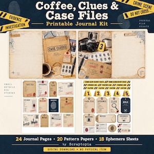 May include: A printable journal kit titled Coffee, Clues & Case Files featuring vintage-style stationery, detective-themed ephemera, evidence tags, crime scene markers, fingerprint cards, and lined paper sheets with aged textures and investigative graphics.