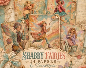 May include: A collection of decorative papers titled Shabby Fairies 24 Papers by Scraptopia, featuring five distinct illustrations of fairies with colourful wings, vintage-style clothing, and whimsical backgrounds including rainbows and kites.