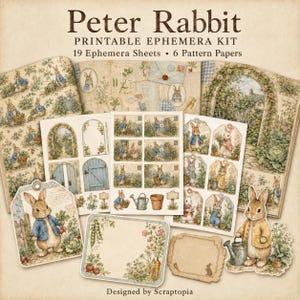 Op de afbeelding: Een Peter Rabbit printbare ephemera-set met 19 ephemera-vellen en 6 patroonpapieren. De collectie bevat diverse illustraties van konijnen in tuinomgevingen, bloemmotieven, labels en etiketten met een vintage uitstraling.