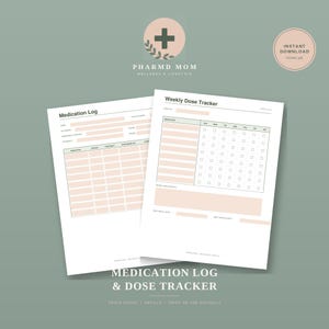 Op de afbeelding: Een printbare set met een medicatielogboek en wekelijkse doseringstracker, voorzien van een witte achtergrond met perzikkleurige invulvelden en donkergroene tekst. De pagina's bevatten kopteksten voor medicatienamen, doseringen en dagelijkse vakjes.