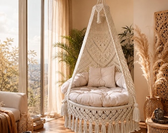 Silla colgante de macramé estilo bohemio hecha a mano, asiento columpio de cuerda de algodón, hamaca acogedora para interiores.