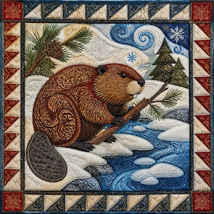 May include: A quilted wall hanging featuring a brown beaver holding a pine branch in a snowy winter landscape. The scene includes a blue river, evergreen trees, and snowflakes, all framed by a decorative border of red and cream triangles.