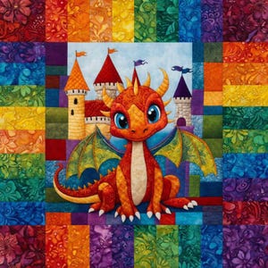 Puede incluir: Un panel de tela para acolchar con una ilustración central de un pequeño dragón naranja con grandes ojos azules y alas verdes, situado frente a un castillo de piedra con torres coloridas, enmarcado por un borde de cuadrados de tela multicolor.