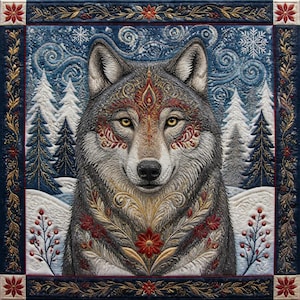 May include: A square fabric wall hanging featuring a detailed embroidered portrait of a gray wolf. The wolf has intricate red and gold floral patterns on its face and chest. The background depicts a snowy forest with pine trees and snowflakes.