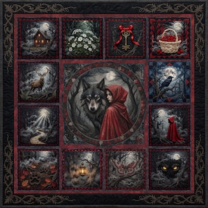 May include: A square fabric quilt featuring a central circular panel depicting a person in a red hooded cloak beside a wolf. Surrounding panels show a cabin, flowers, a key with a red bow, a basket of berries, a deer, a raven, a path, a figure in a red cloak, paw prints, a lantern, a moth, and glowing eyes, all framed by a dark border with vine patterns.