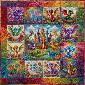 Op de afbeelding: Een quilt met meerdere panelen met kleurrijke illustraties van kleine draken in verschillende houdingen, waaronder zittend in nesten, vliegend en spelend bij een centraal kasteel, omringd door een levendige bloemenrand met een textuurafwerking.