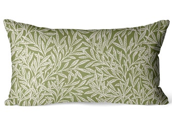 Olive green lumbar pillow cover 12x20 inch, cream small leaves on yellow green, earthy colors, modern boho decor, transitional decor