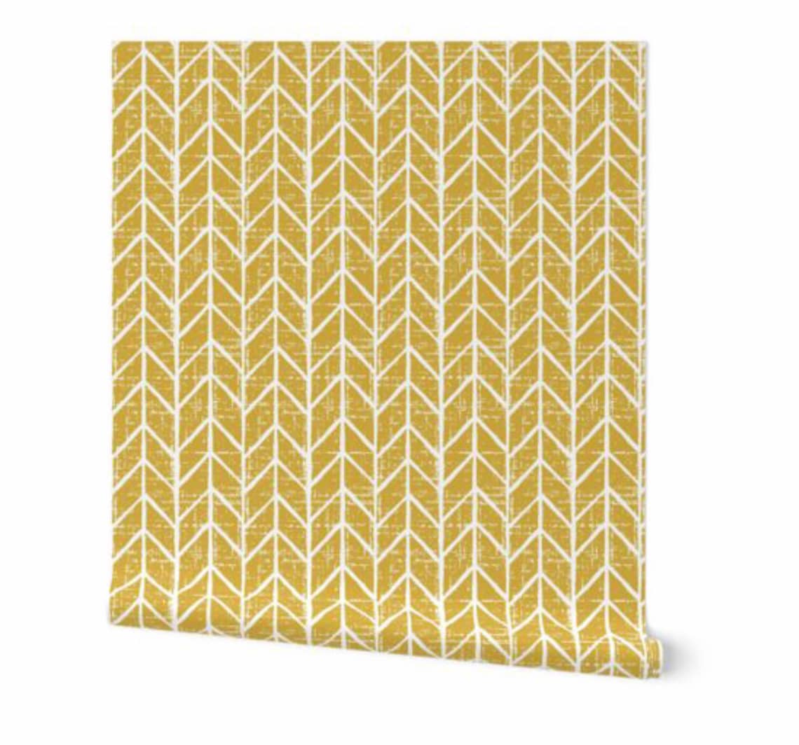 Wallpaper peel and stick yellow herringbone pattern bathroom Etsy