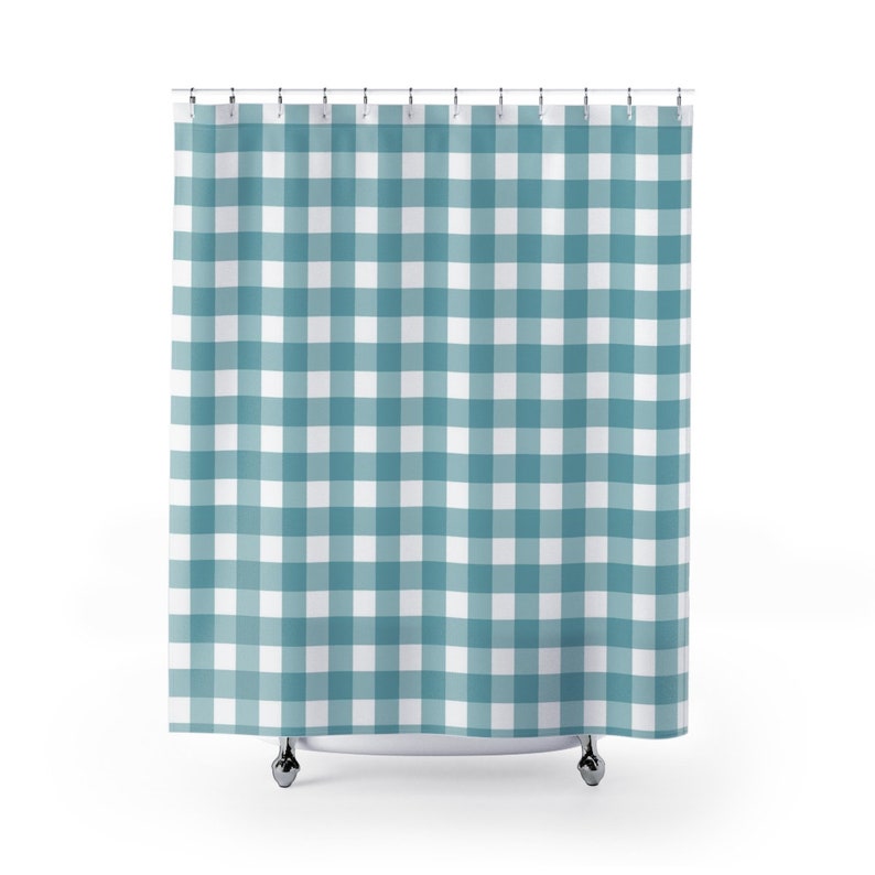 Aqua blue gingham shower curtain farmhouse bathroom decor Etsy