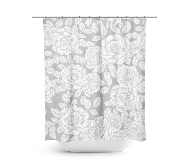 Gray Floral Shower Curtain Farmhouse Bathroom Decor Gray Etsy