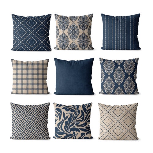 beige and navy pillows