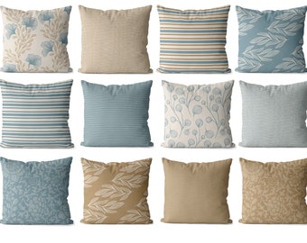 Coastal Boho Pillow Covers in Blue, Tan, and Cream - Floral, Geometric, and Striped Designs