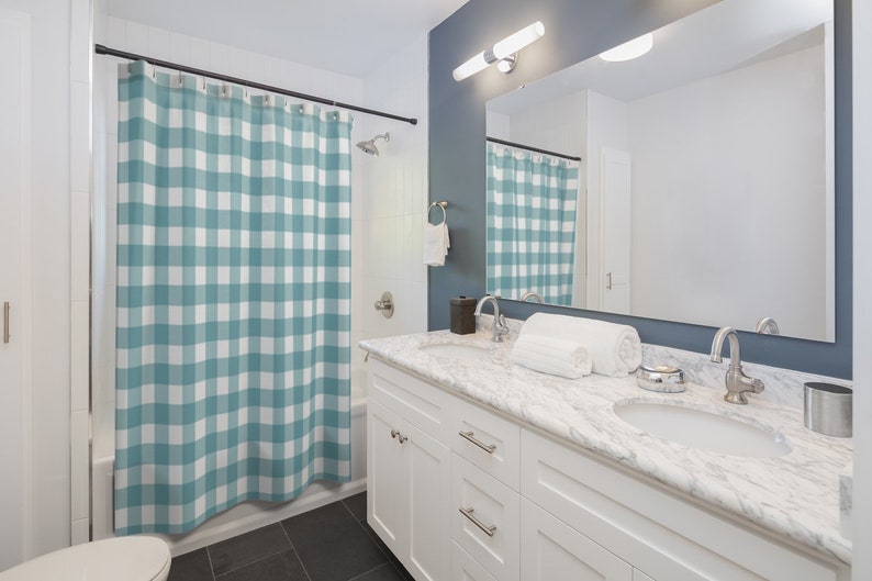 Aqua blue gingham shower curtain farmhouse bathroom decor Etsy