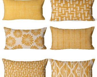Dark mustard pillow covers 12x20  beige muted yellow in solid color,  large floral pillow, geometric stripes, and yellow Ikat