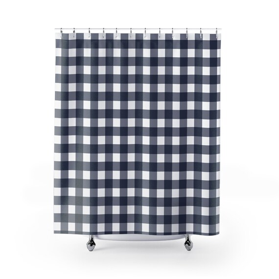 Navy Blue Shower Curtain Gingham Plaid And White Nautical Bathroom Decor Farmhouse