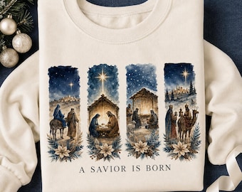 Sudadera "Nace el Salvador" con motivo de la Natividad, Camiseta navideña religiosa, Regalo del nacimiento de Jesús
