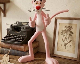 20 inch coole roze kattenfiguur – retro cartoon panterfiguur, bureau display model verzamelobject, minimalistische 3D-geprinte woonaccessoire