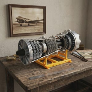 May include: A detailed silver-colored jet engine model with visible internal turbine blades and components, mounted on a bright yellow plastic stand. A metal ruler is positioned in front of the model on a wooden surface, providing scale.