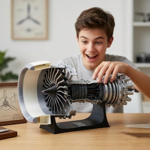 Modello di motore a reazione stampato in 3D, aereo turbofan in scala 1:25 da esposizione.