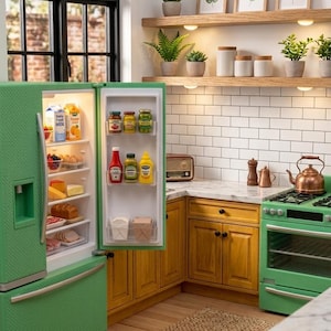 May include: A miniature kitchen scene featuring a textured green refrigerator with an open door revealing food items, a matching green stove with a copper kettle, wooden cabinets, open shelving with potted plants, and framed leaf art.