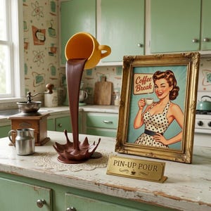 May include: A yellow floating cup pouring brown liquid into a splash base, next to a gold-framed picture of a person in a polka-dot dress holding a cup with the text Coffee Break, and a gold plaque with the text PIN-UP POUR.