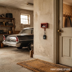 May include: A small red rectangular wall-mounted key holder featuring a miniature white car model inside a display compartment. A black electronic key fob hangs from a metal ring attached to the bottom of the red holder on a textured wall.