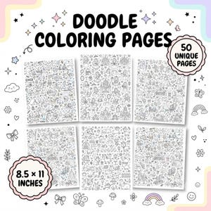 Puede incluir: Una colección de 50 páginas para colorear tipo doodle con ilustraciones en blanco y negro de castillos, animales y escenas al aire libre. Las páginas miden 8.5 x 11 pulgadas y se muestran con iconos decorativos como estrellas, lazos y arcoíris.