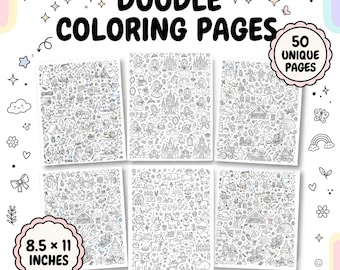 Puede incluir: Una colección de 50 páginas para colorear tipo doodle con ilustraciones en blanco y negro de castillos, animales y escenas al aire libre. Las páginas miden 8.5 x 11 pulgadas y se muestran con iconos decorativos como estrellas, lazos y arcoíris.