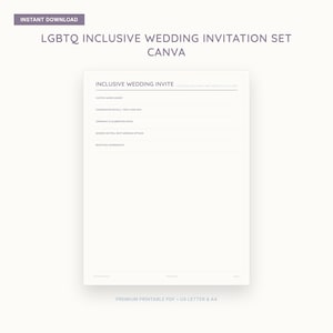 May include: A digital wedding invitation template for Canva featuring the text LGBTQ INCLUSIVE WEDDING INVITATION SET CANVA and INCLUSIVE WEDDING INVITE with fields for custom names, ceremony dates, and reception coordinates on a white background.