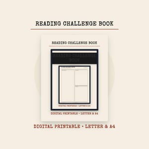 Op de afbeelding: Een digitaal printbaar leesuitdagingsboek met een crèmekleurige achtergrond en donkere tekst. Het document bevat de titel Reading Challenge Book en 50 Books Challenge Tracker met secties voor boektitels, datums en beoordelingen.