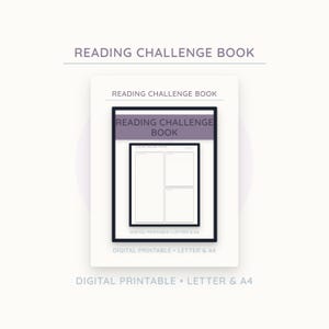 Op de afbeelding: Een digitale, printbare leesuitdaging-tracker met een strakke lay-out en gelinieerde secties voor notities. Het ontwerp bevat een paarse koptekst met de tekst Reading Challenge Book en geeft de compatibiliteit met Letter- en A4-formaten aan.